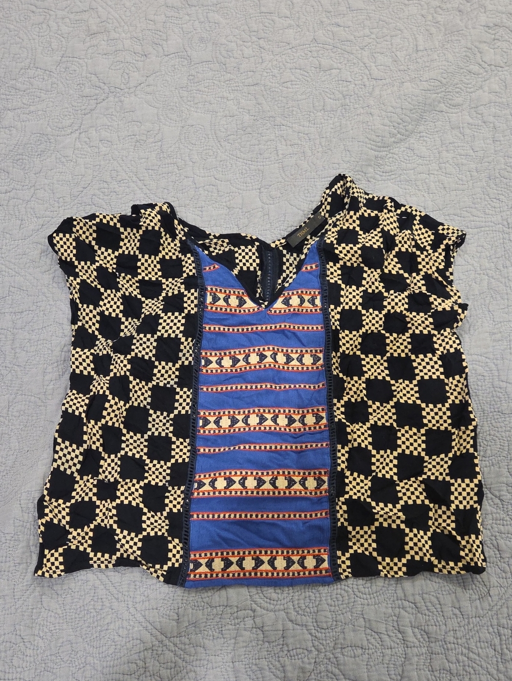 THML Mixed Print Aztec Embroidered Boho V-Neck Top - Size S!